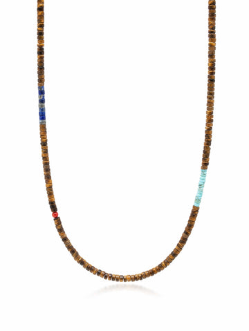 Nialaya Men's Necklace Brown Tiger Eye Heishi Necklace with Blue Lapis and Turquoise 26 Inches / 66.04 cm MNEC_132